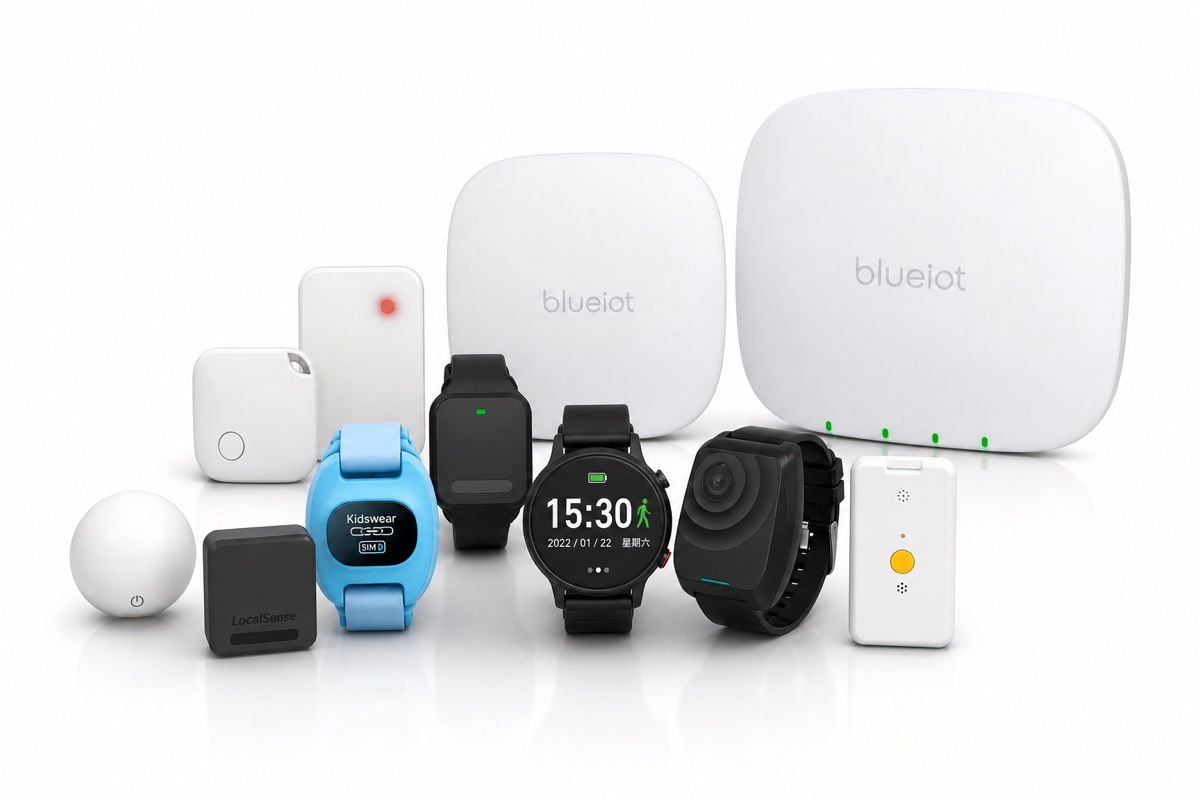 Blueiot 产品家族视觉：定位锚点、可穿戴标签与定位手表
