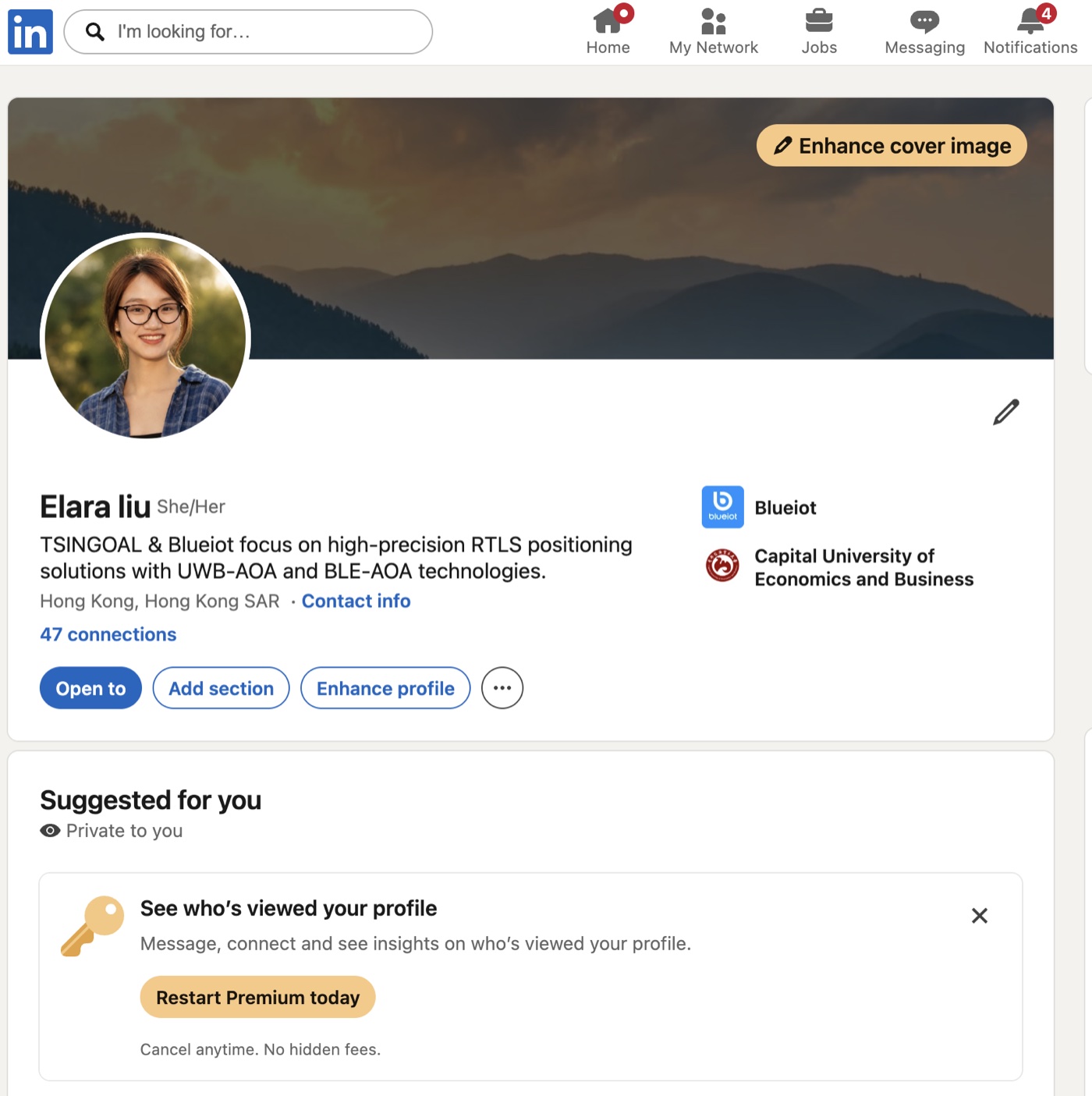 Elara liu 个人 LinkedIn 主页：全英文 Headline 与简介、行业标签